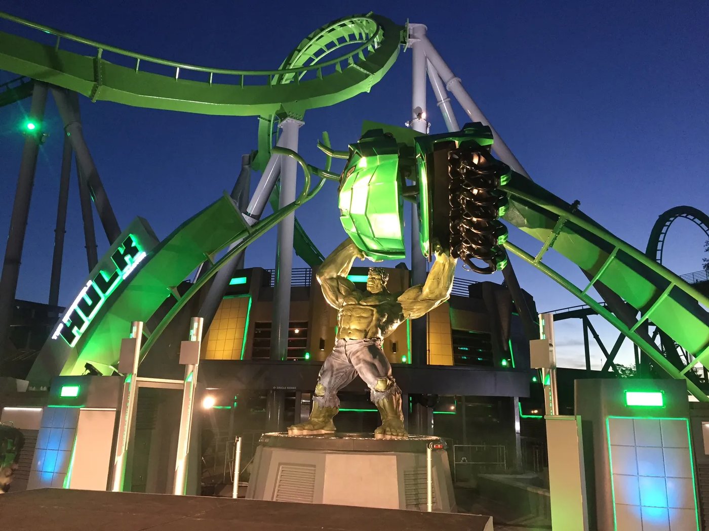 Incredible Hulk Coaster — night shot with green lighting